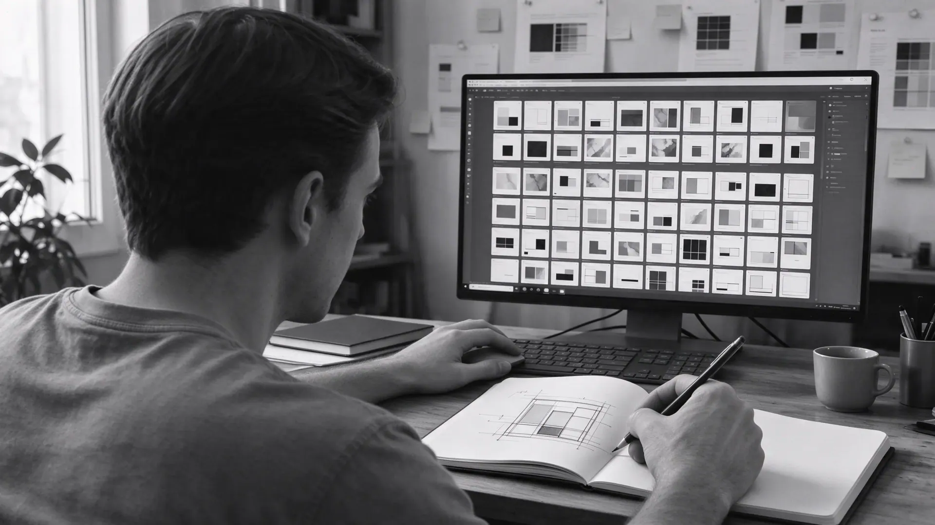 Designer reviewing a screen of generated layout options while sketching one by hand