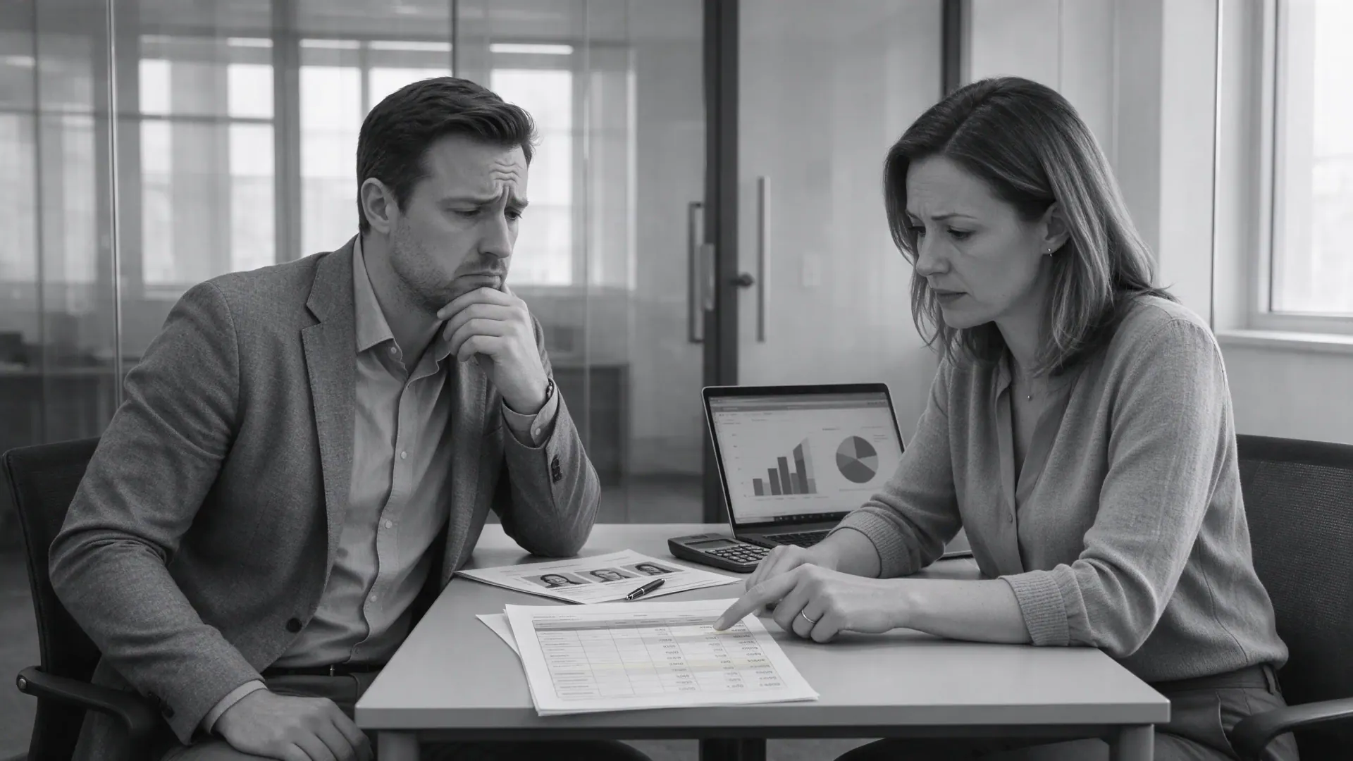 Two colleagues reviewing hiring costs on printed spreadsheets and a laptop chart