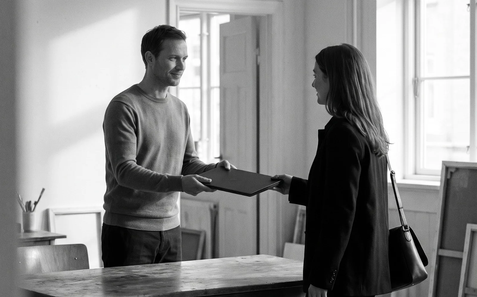 Finished work being handed over across a table