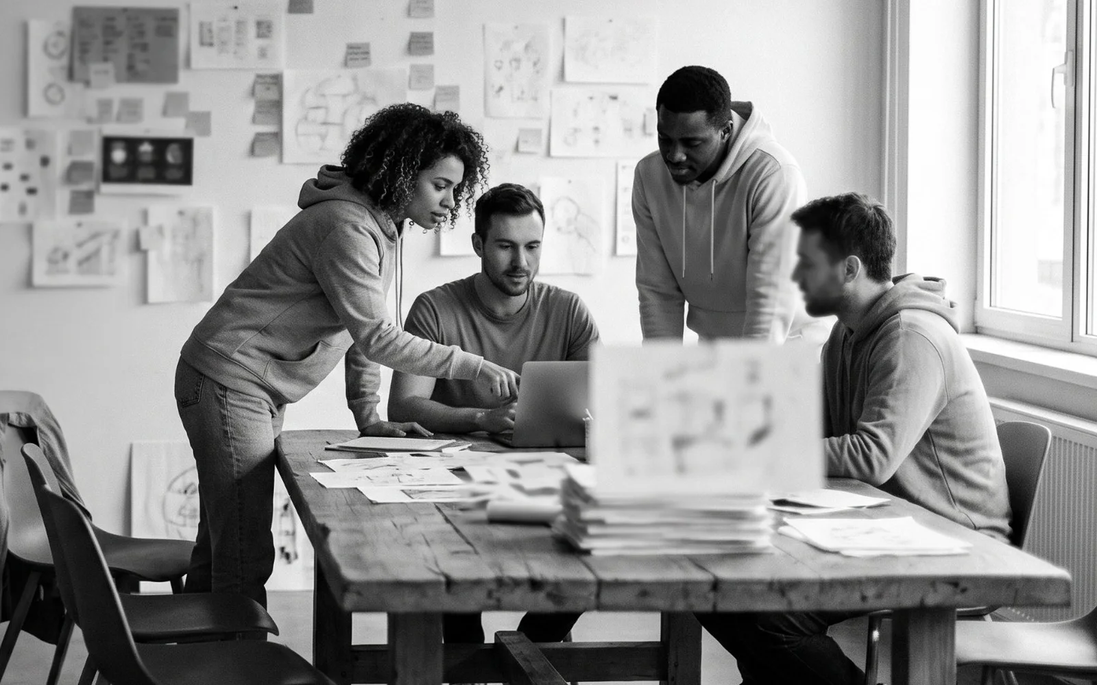 An in-house team working around one table